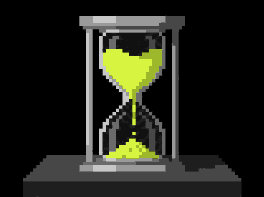 Pixel art: an hourglass on a dark table, its sand made of lime pixels falling through the neck.