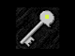 Pixel art: an old grey key on black velvet whose round bow is shaped like a speech bubble with one lime square on it.