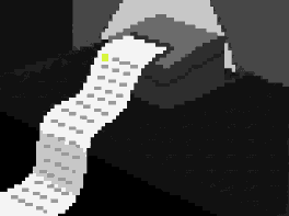 Pixel art: a small printer on a black desk printing a long white receipt that curls over the edge.